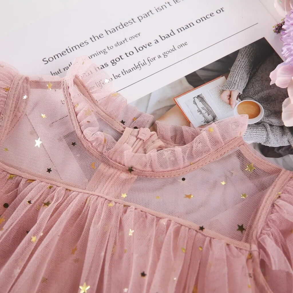 Lace Princess Dress For Girls Summer Short Sleeve Ruffle Dresses Up Kids Children Star Sequin Tulle Layers Wedding Party Costume