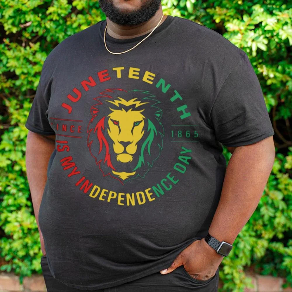 Juneteenth Lion Head Contrasting Letter Print Short Sleeve Plus Size Men's T-Shirt