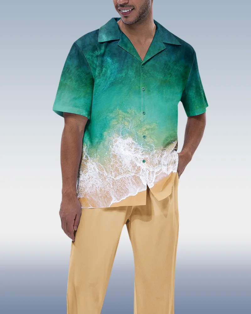 Suitmens Men's seaside print short-sleeved walking suit