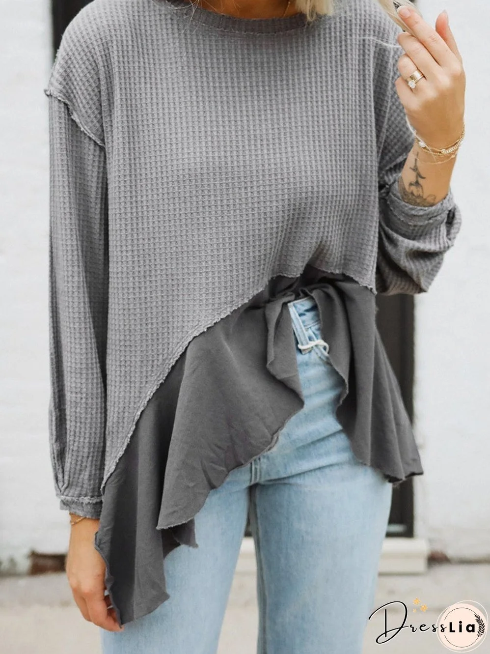 Medium Grey Ruffled Waffle Knit Long Sleeve Patchwork Top