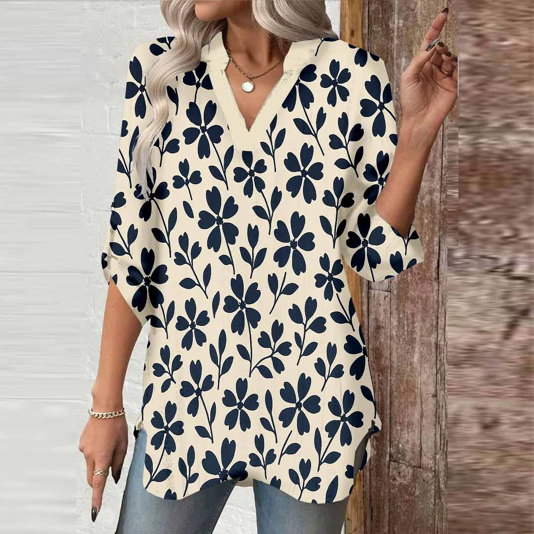 Women Leaves, Green DZGA0340 3/4 Sleeve V-neck Printed Graphic Button Tops