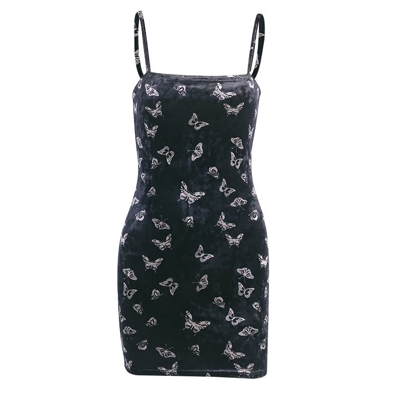 InsGoth Spaghetti Strap Black Mini Bodycon Dress Women Gothic Sleeveless Butterfly Embroidery Sexy Female Dress Vintage Party