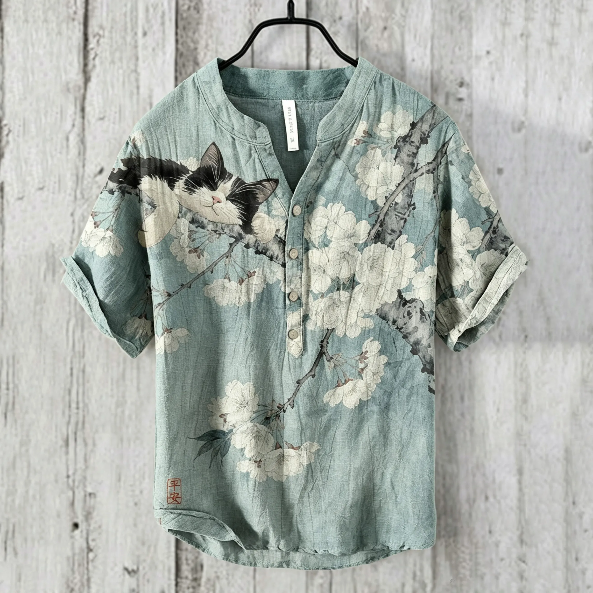 Men's Vintage Lazy Cat With Apricot Blossoms Art Print Casual Henley Collar Shirt  artssus