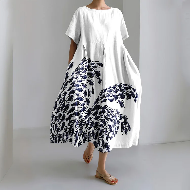 Japanese Little Fishes Abstract Wave Art Linen Blend Casual Dress