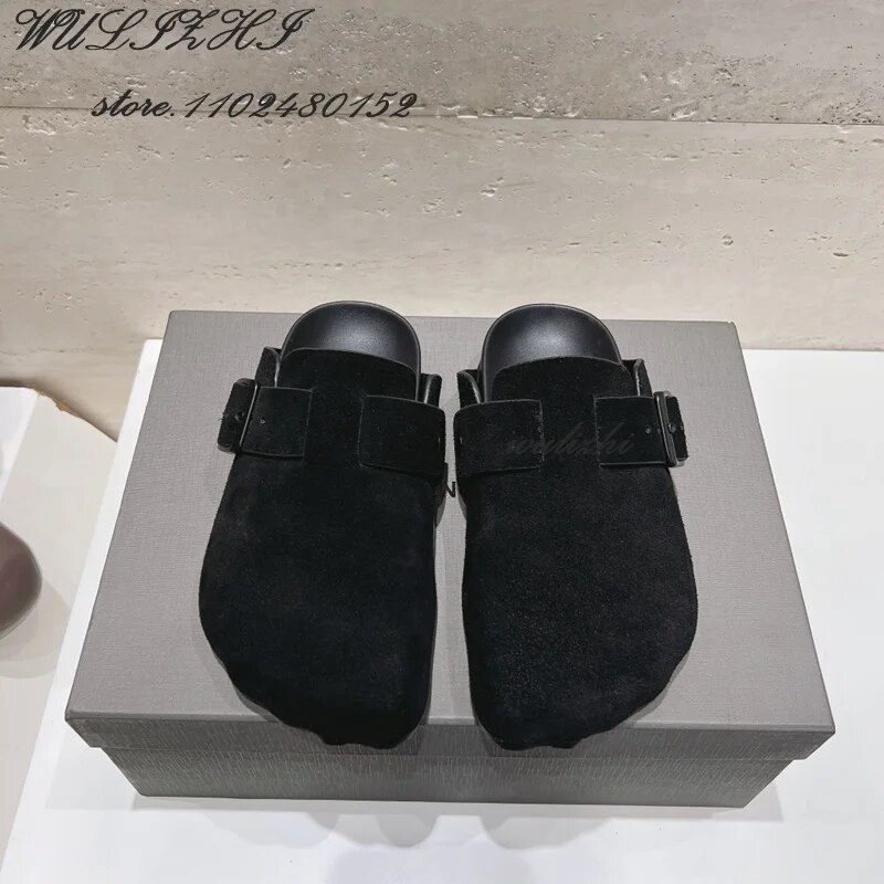 VCSHOES Five Toe Genuine Leather Black Mules Women Cover Flats Wavy Toe Suede Belt Buckle Suede Casual Slippers Brown Derby Shoes