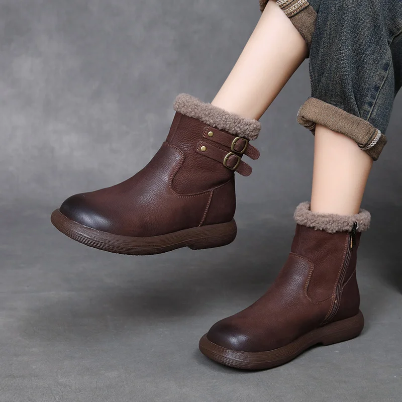 Yyvonne Cowhide Lamb Wool Snow Boots Women Winter New Warm Plus Cotton Boots Retro Leisure Short Boots
