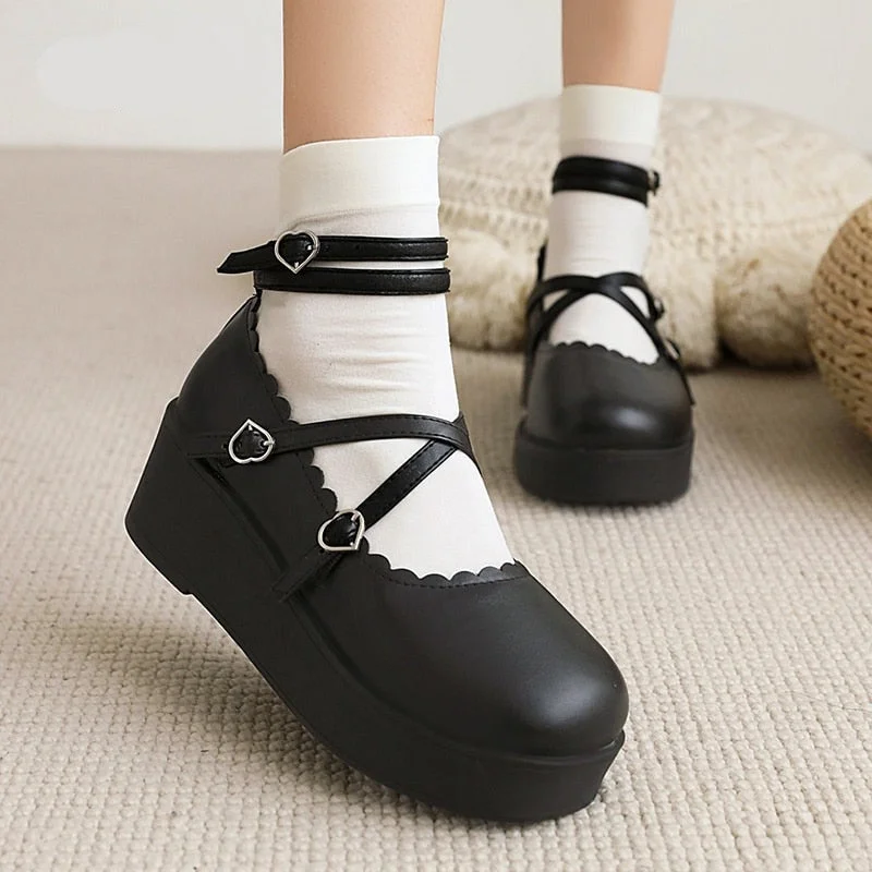 Vstacam Plus Size 43 Japanese Lolita Shoes Mary Jane Women Heart Buckle JK Lovely Girl Student Shoes Kawaii Sweet Waterproof