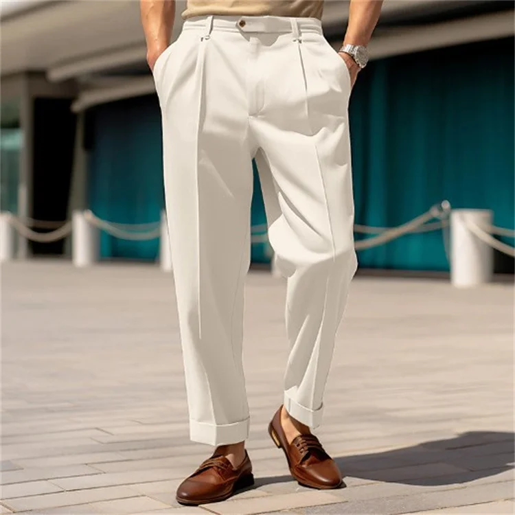 Men's Plain Slant Pockets Button Straight Leg Suit Pants