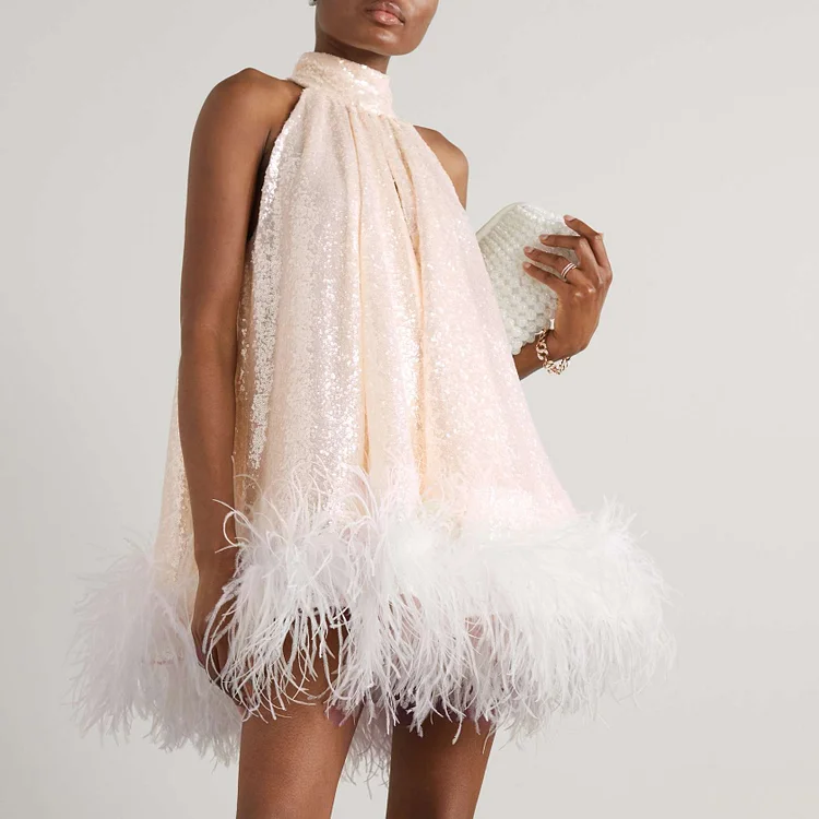 Feather Hem Sequin Dress