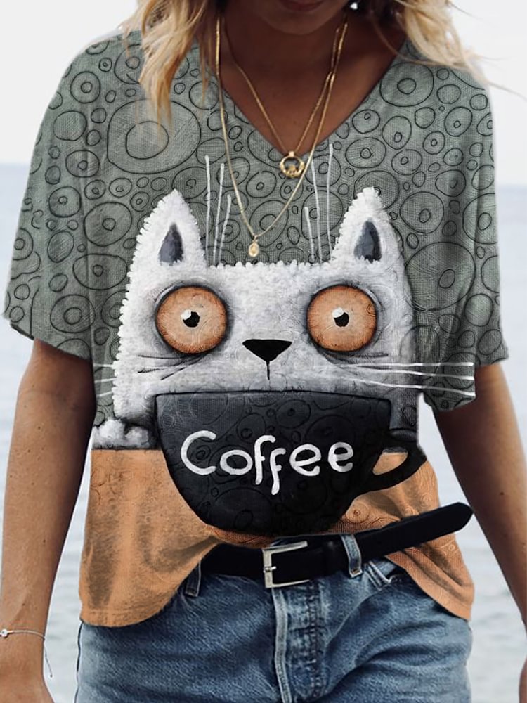 Funny Cat With Coffee Graphic T Shirt