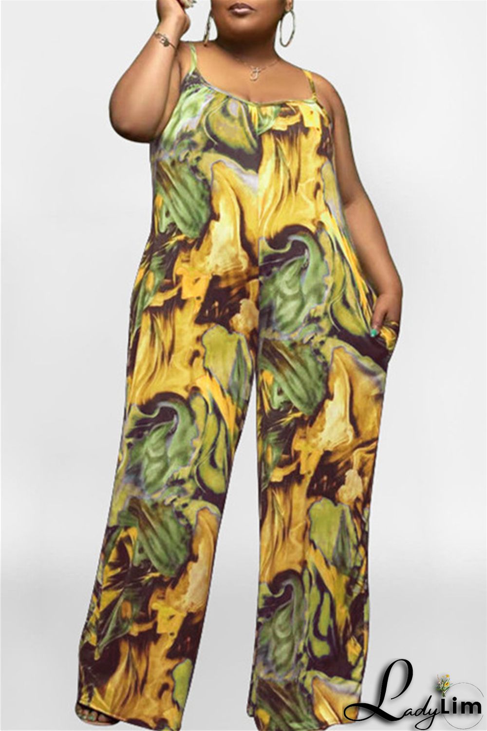 Coffee Sexy Casual Print Backless Spaghetti Strap Plus Size Jumpsuits