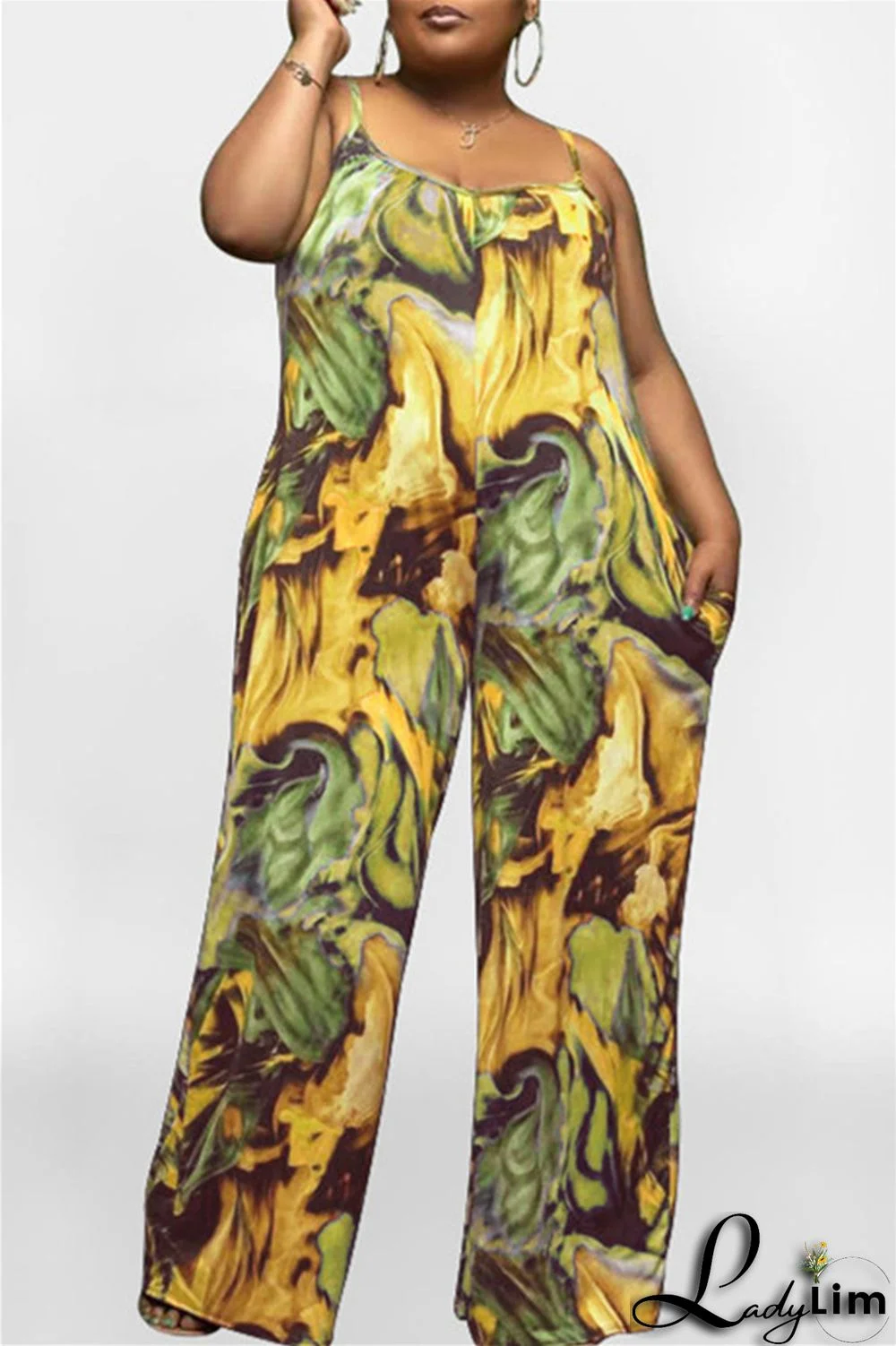 Coffee Sexy Casual Print Backless Spaghetti Strap Plus Size Jumpsuits