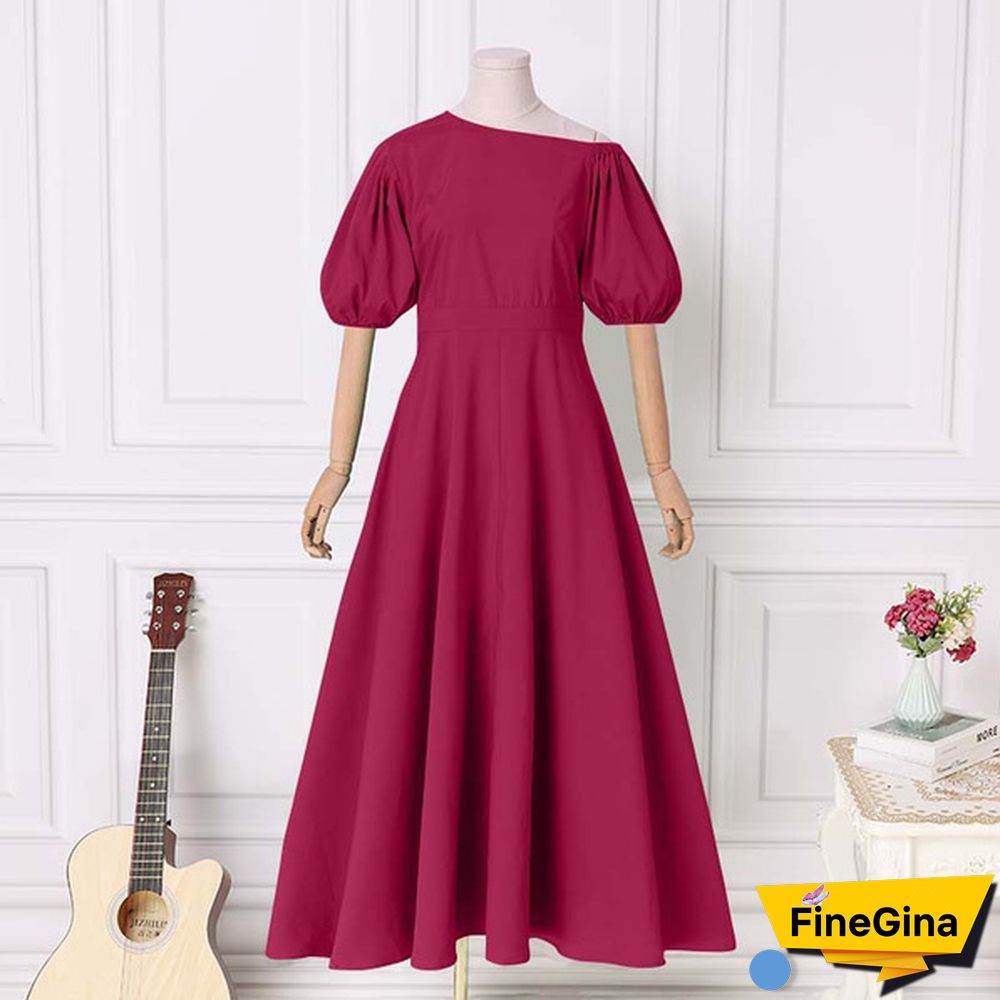 Women Puff Sleeve High Waist Diagonal Shoulder Dress Solid Baggy Swing Dress Maxi Prom Dress