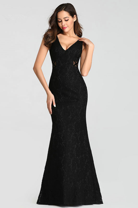 Sexy V-Neck Black Lace Long Mermaid Evening Prom Dress Online