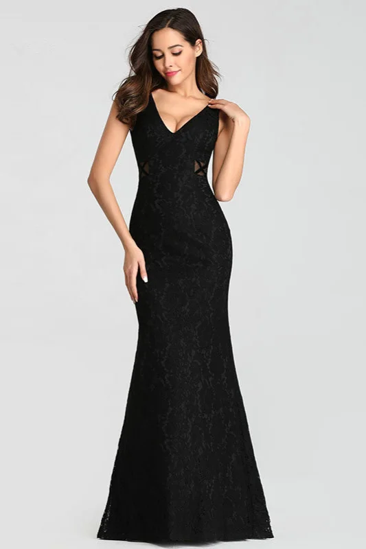 Chic V-Neck Black Lace Long Mermaid Evening Prom Dress Online - lulusllly
