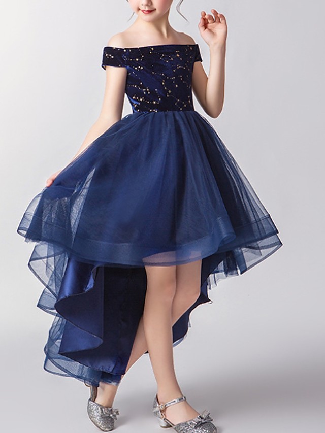 Daisda Short Sleeve Off Shoulder A-Line Flower Girl Dress Tulle With Print