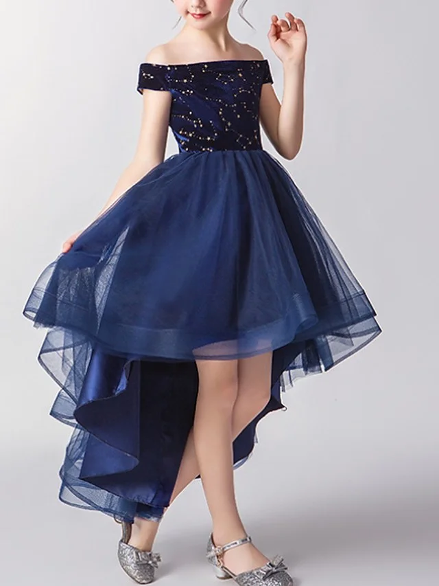 Daisda Short Sleeve Off Shoulder A-Line Flower Girl Dress Tulle With Print