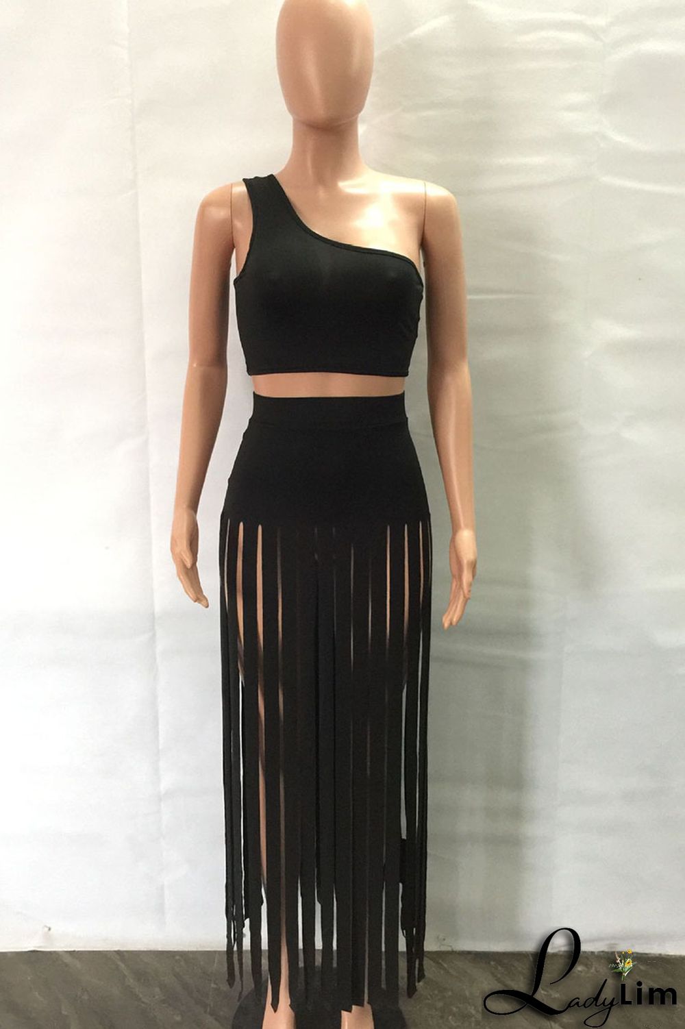 Black Sexy Solid Tassel Patchwork Oblique Collar Two Pieces