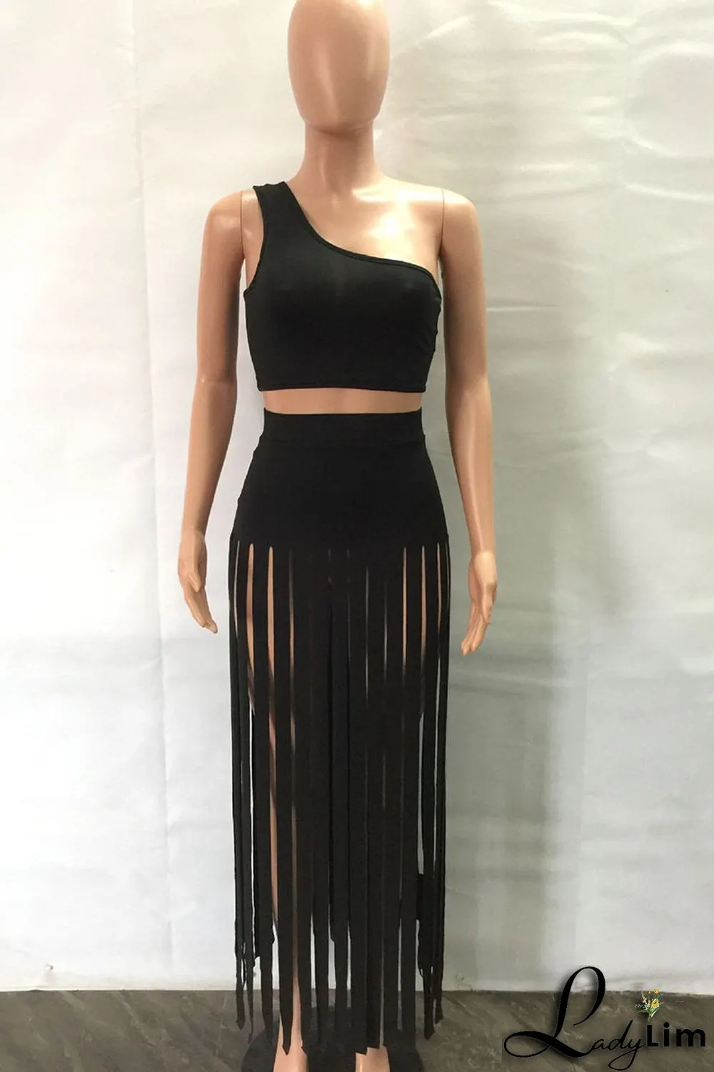 Black Sexy Solid Tassel Patchwork Oblique Collar Two Pieces