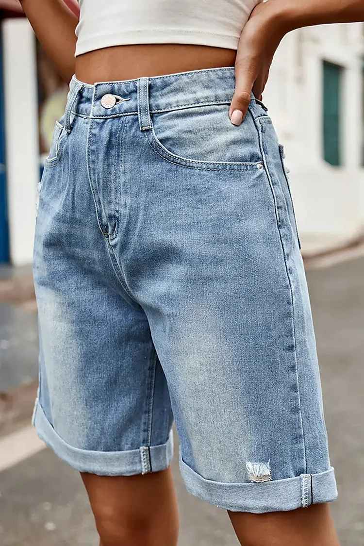 Distressed Cuffed Denim Bermuda Shorts