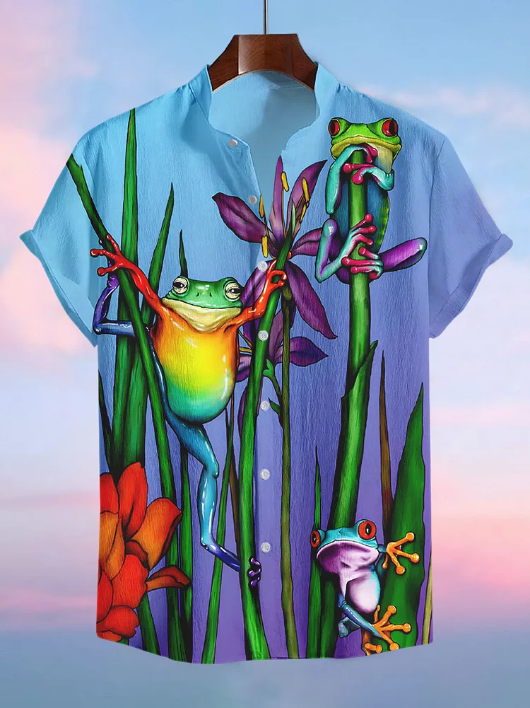 Men's Frogs And Flowers Art Print Short Sleeve Shirt