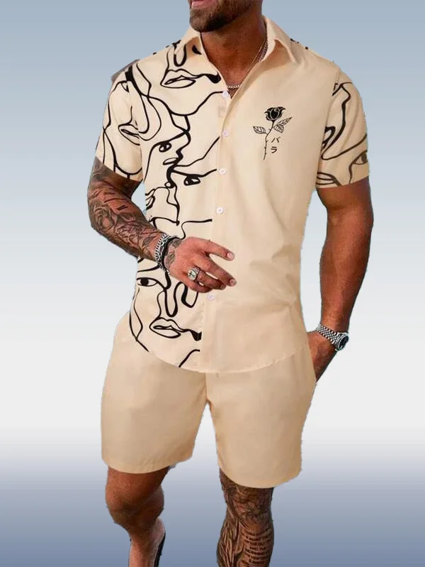 Suitmens Men's Hawaiian Print Short Sleeve Shirt Set 005