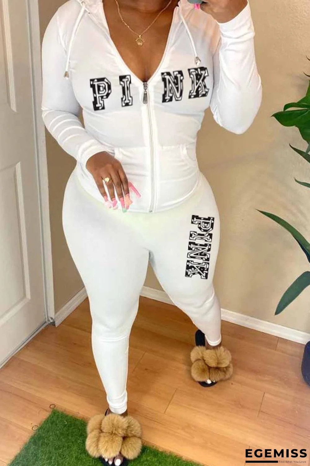White Casual Print Letter Hooded Collar Long Sleeve Two Pieces | EGEMISS