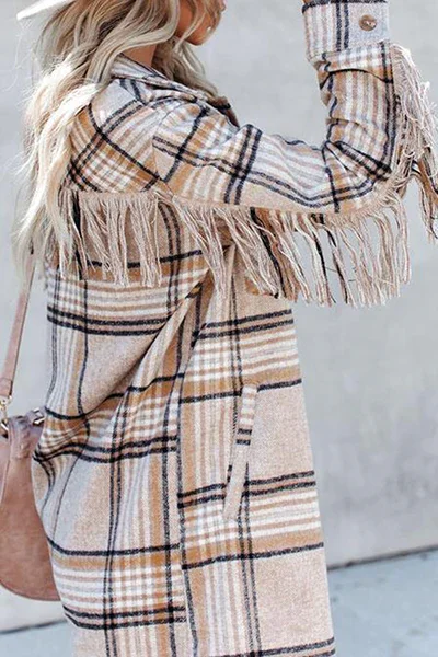 Casual Plaid Tassel Buckle Turndown Collar Outerwear