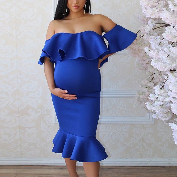 Maternity Stretch Ruffle Neck Long Tail Maxi Dress