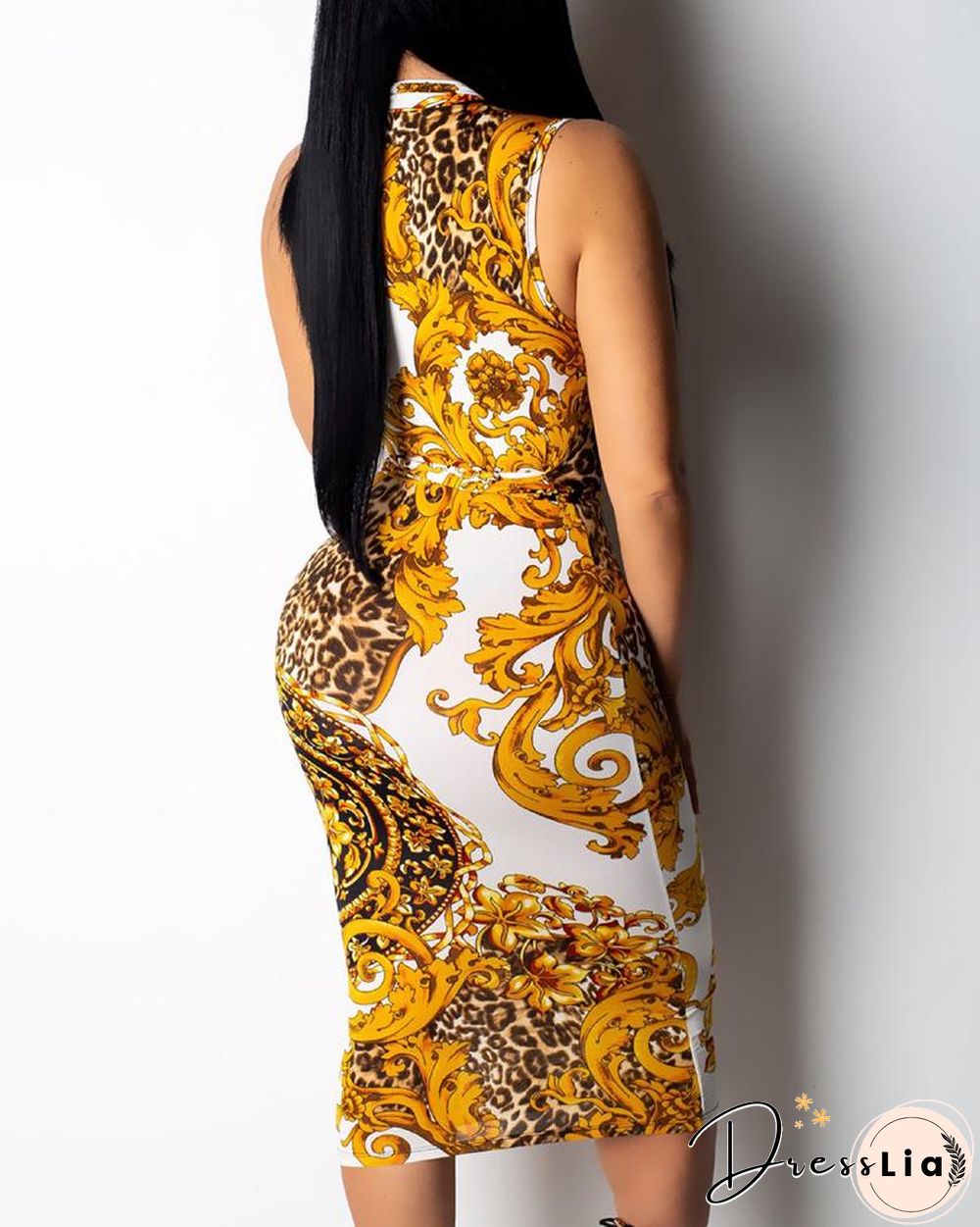 Ethnic Print Zipper Design Midi Dress