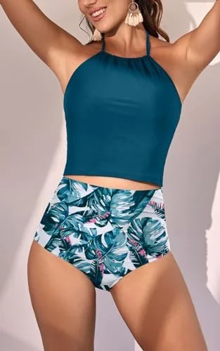 Two Piece Tummy Control Halter Tankini Swimsuit 