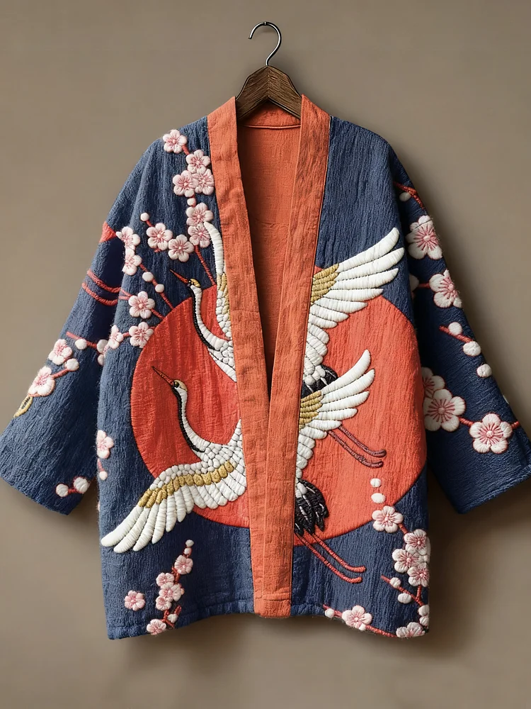 Japanese art ukiyo-e three-dimensional embroidered linen kimono cardigan