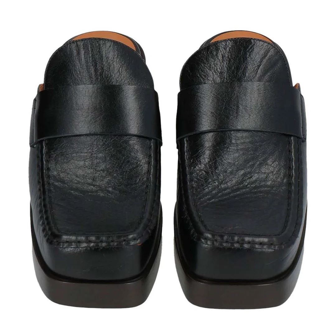 Black Square Toe Chunky Heel Slip On Mule Loafers with Platform