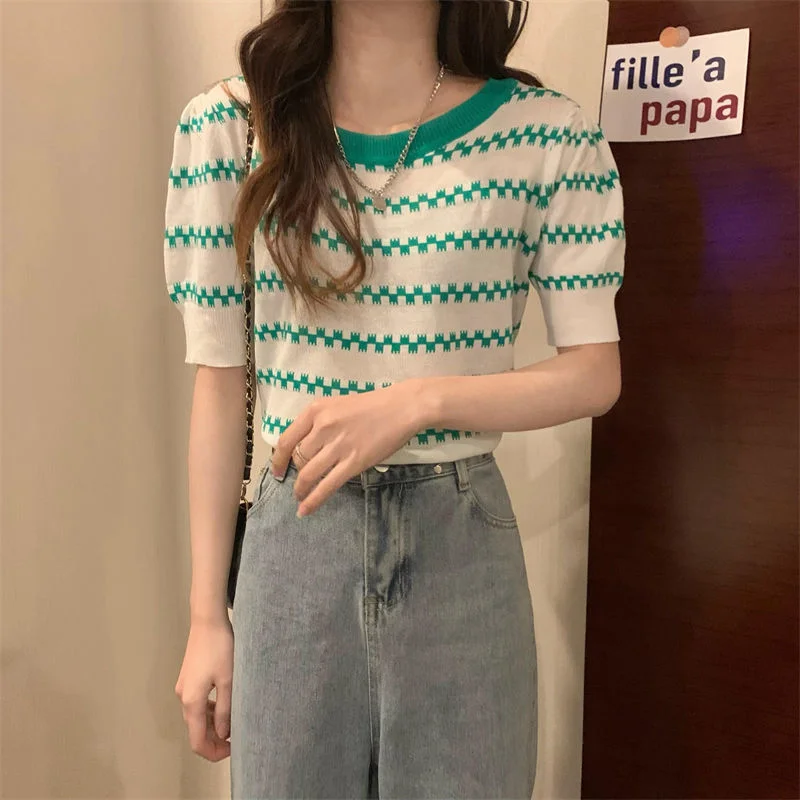 Uveng Uveng Ice Silk Striped Knitted Short-Sleeved T-Shirt For Women's 2023 Summer New High-Waisted Loose Bubble Sleeve Short Blouse