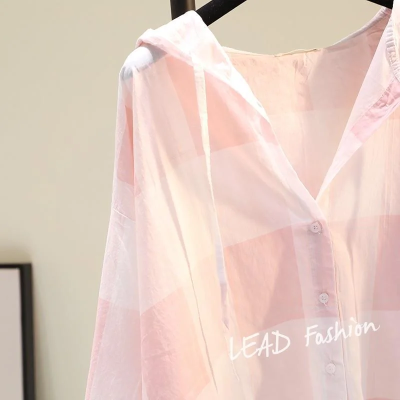 Uveng Uveng Lattice Hooded Sunscreen Woman 2025 Spring And Summer New Korean Version Of Loose Casual Shirt Thin Top Card