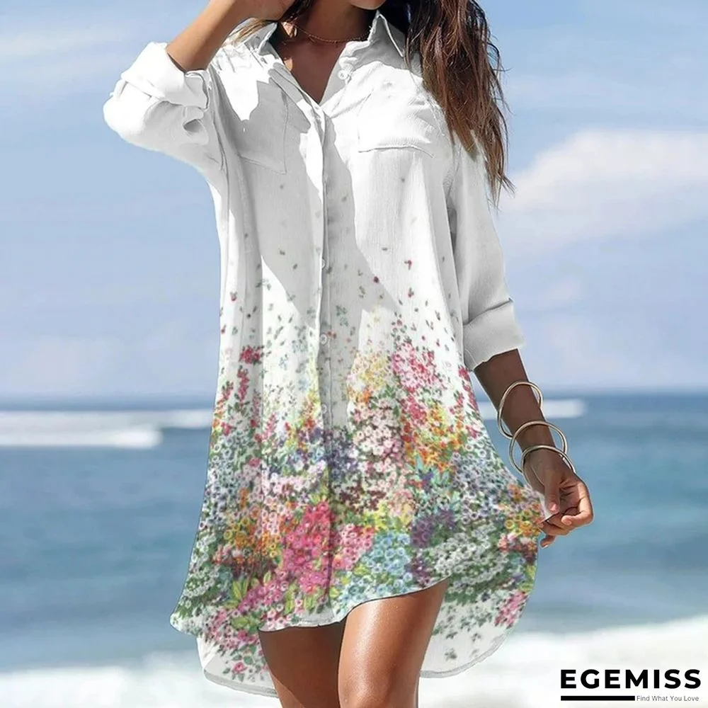 Romantic Printed Irregular Pocket Shirt Mini Dress White Dresses | EGEMISS