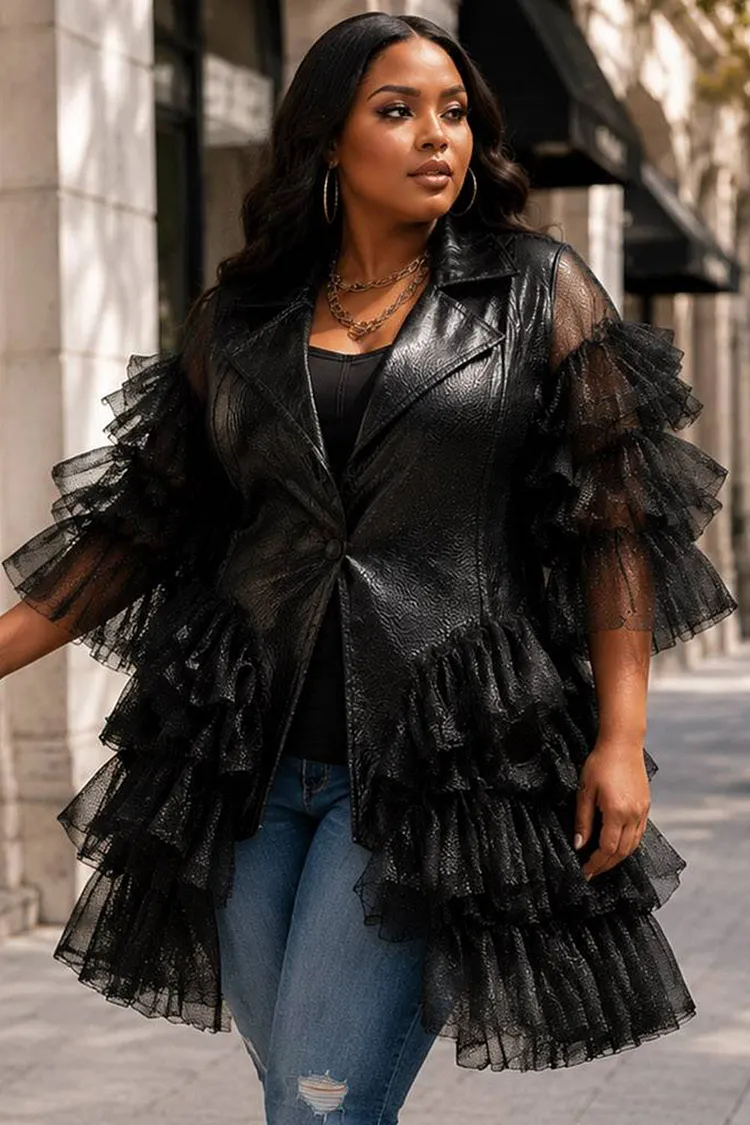 Xpluswear Design Plus Size Daily PU Leather Black Turndown Collar Half Sleeve Contrast Tiered Tulle Jacket [Pre-Order] 2024 - Xpluswear