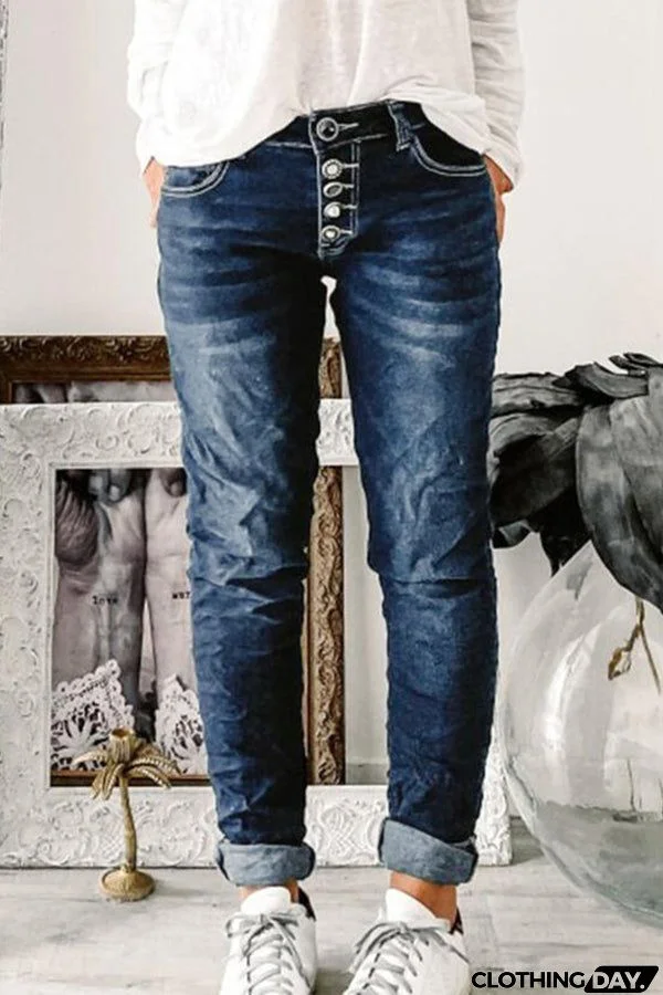 Button Fly Mid Waist Jeans