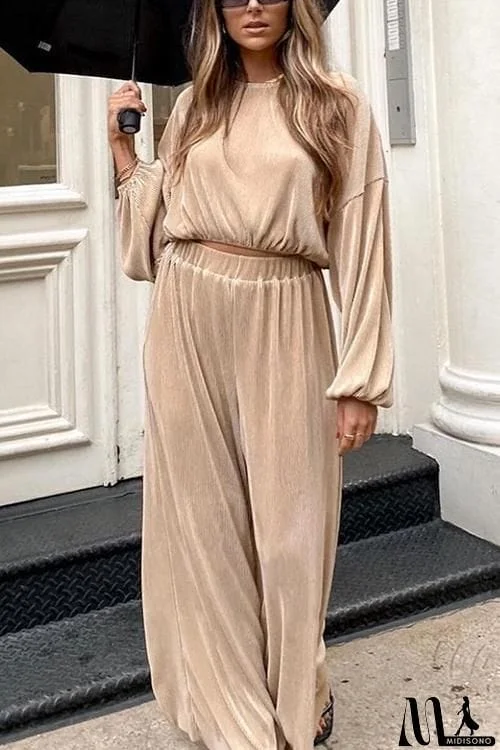 MidiSono - Pleated Crop Blouse Wide Leg Pants Set