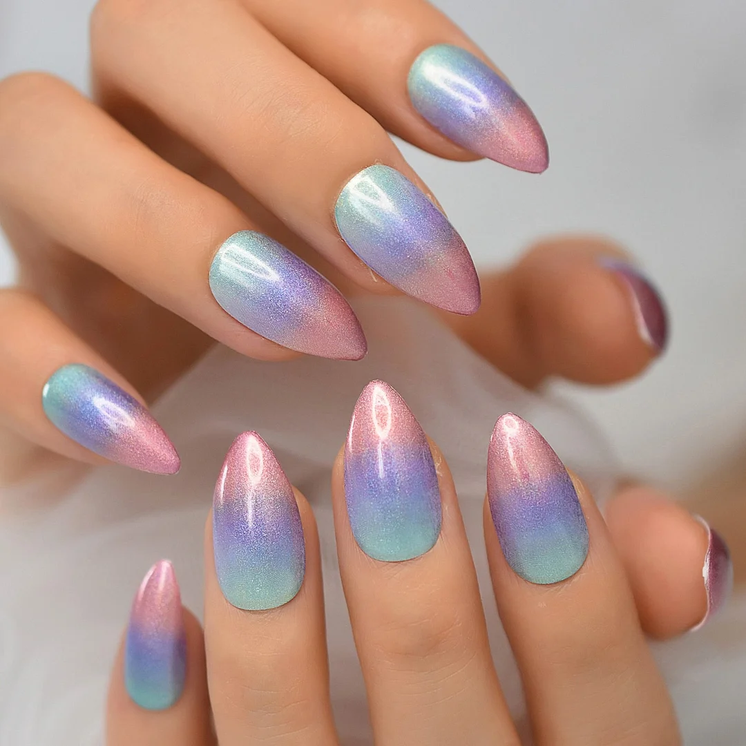 Colorful Profusion Layered Medium Almond Shape Rainbow Color Glitter Nails Tips False Nails Press On Nails Full Cover Nails Set