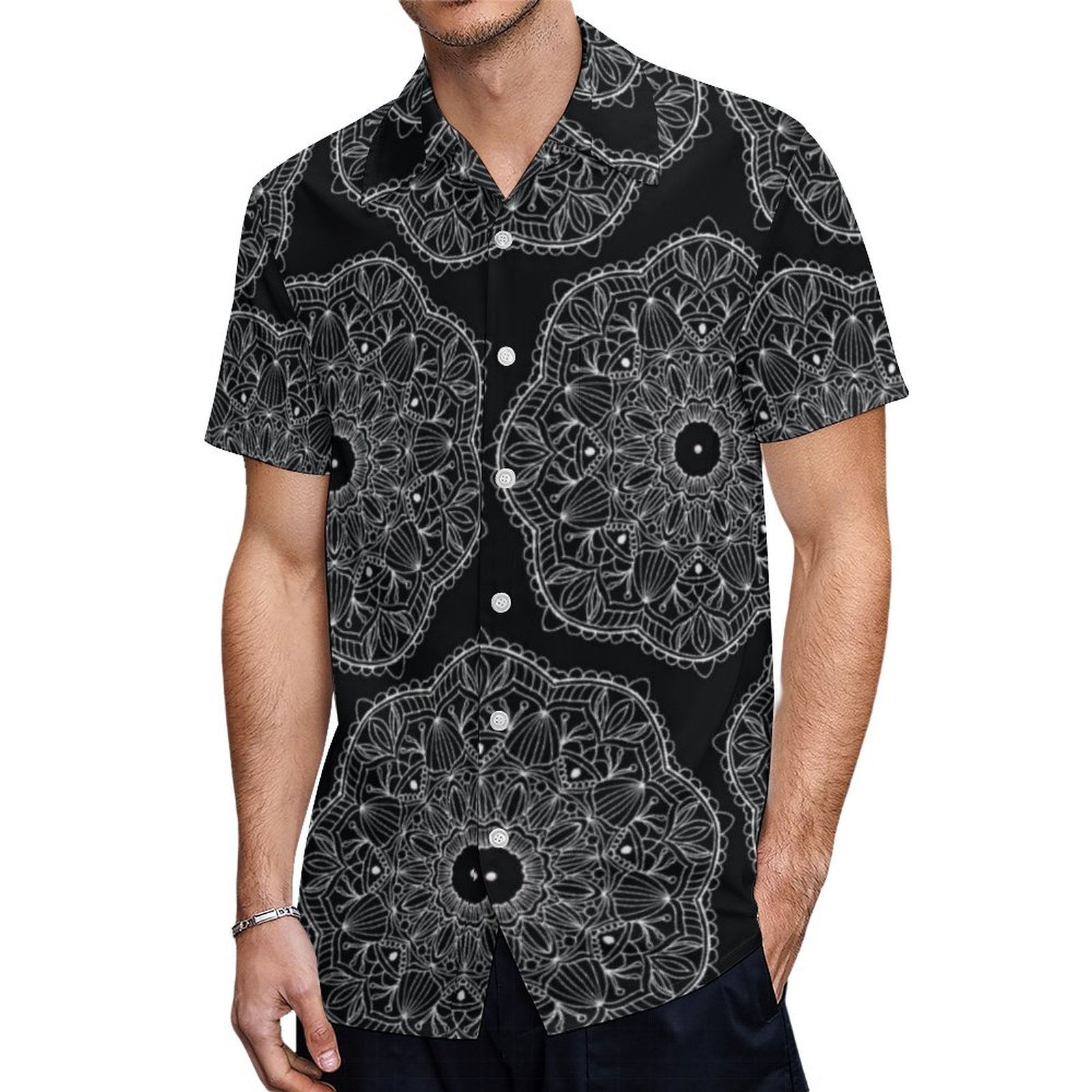 Black Mandala Modern Simple Bohemian Pattern Hawaiian Shirt Mens Button Down Tropical Hawaii Beach Shirts