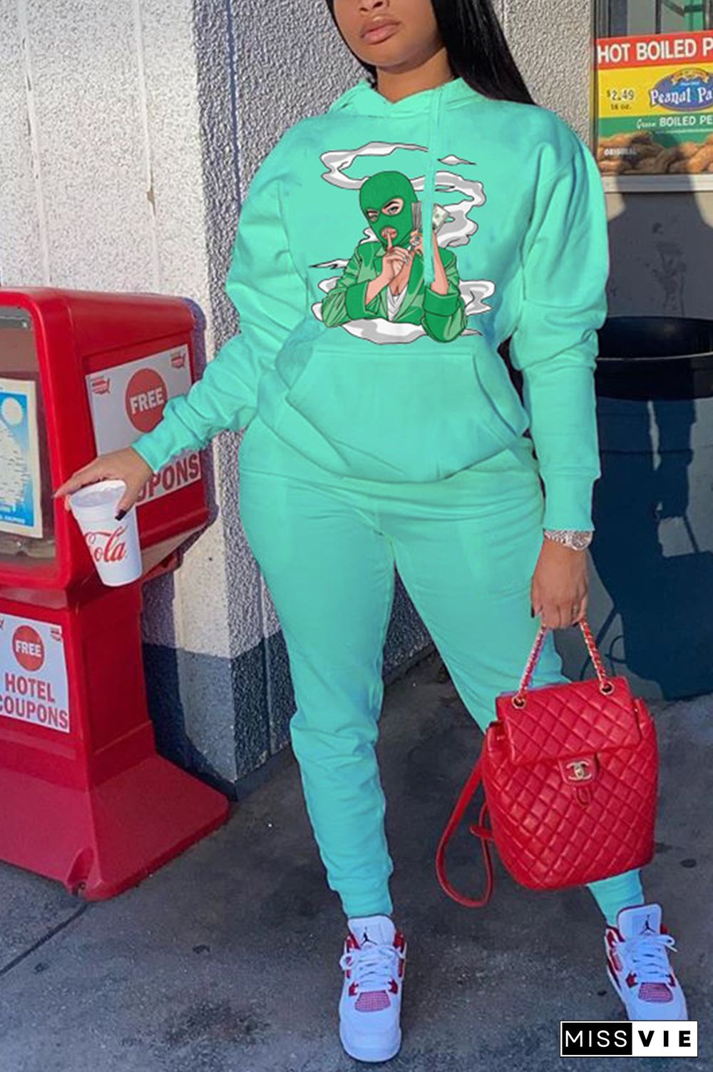 Street Print Pocket Hooded Collar Long Sleeve Two Pieces