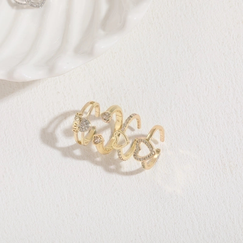 Glam Letter Heart Shape Copper Inlay Zircon 14k Gold Plated Open Ring