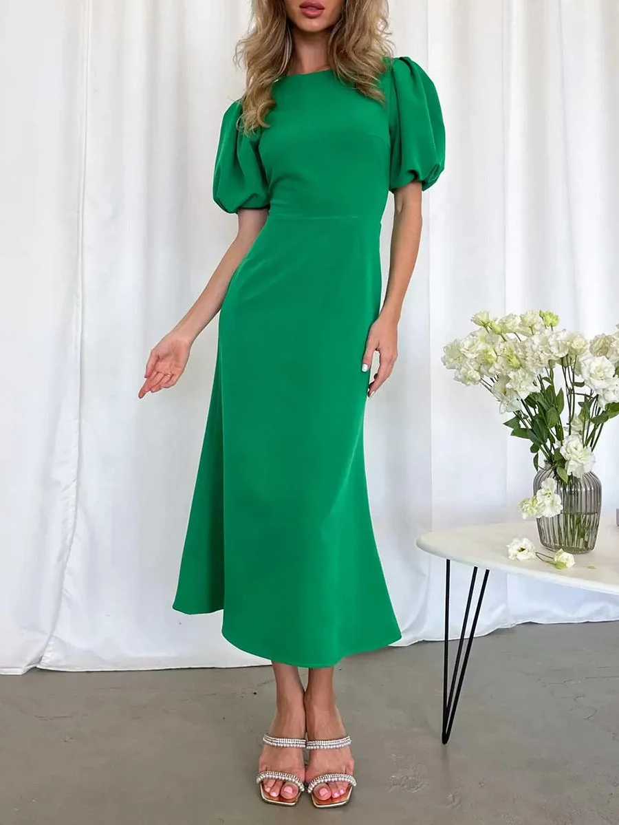 Simple High Waist Puff Sleeve Midi Dress