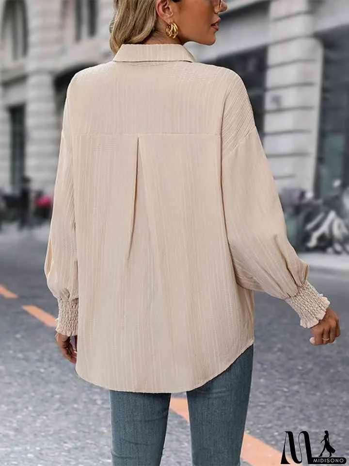 MidiSono - Collared Neck Long Sleeve Button-Up Blouse