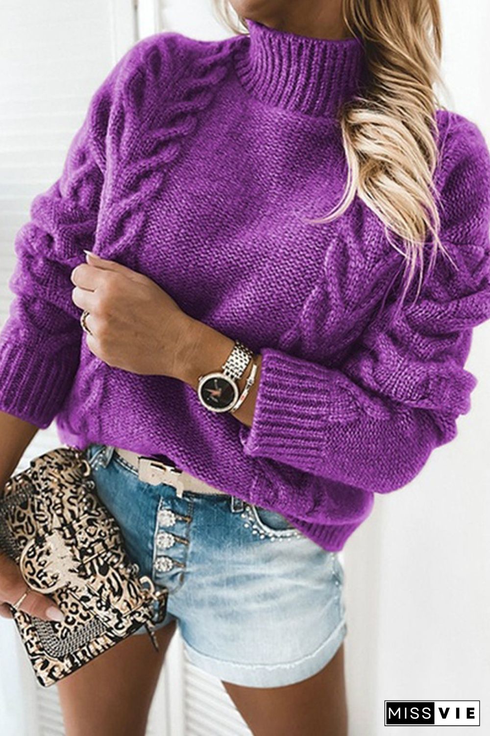 Pure Color Turtleneck Knitted Sweater