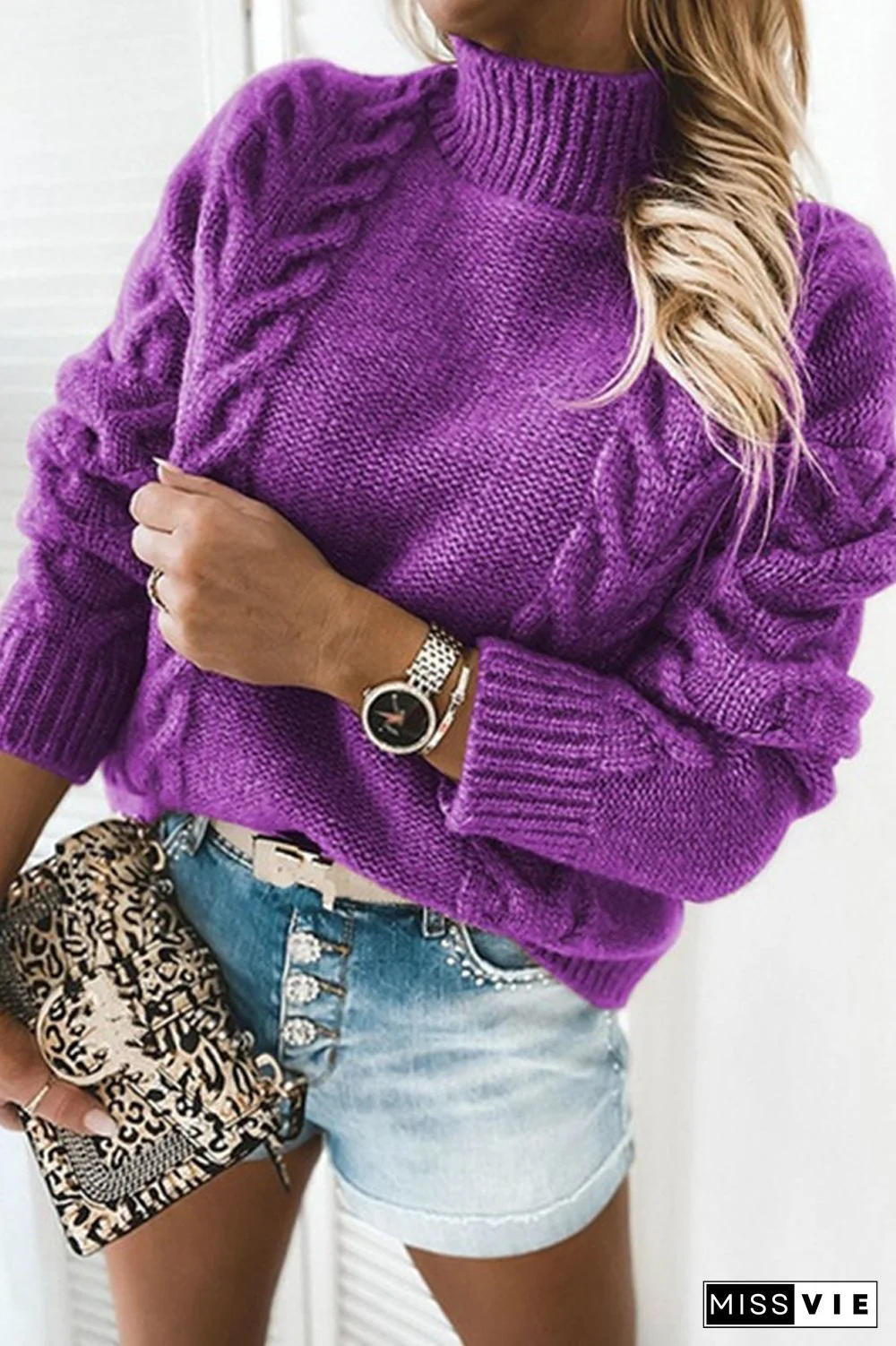Pure Color Turtleneck Knitted Sweater