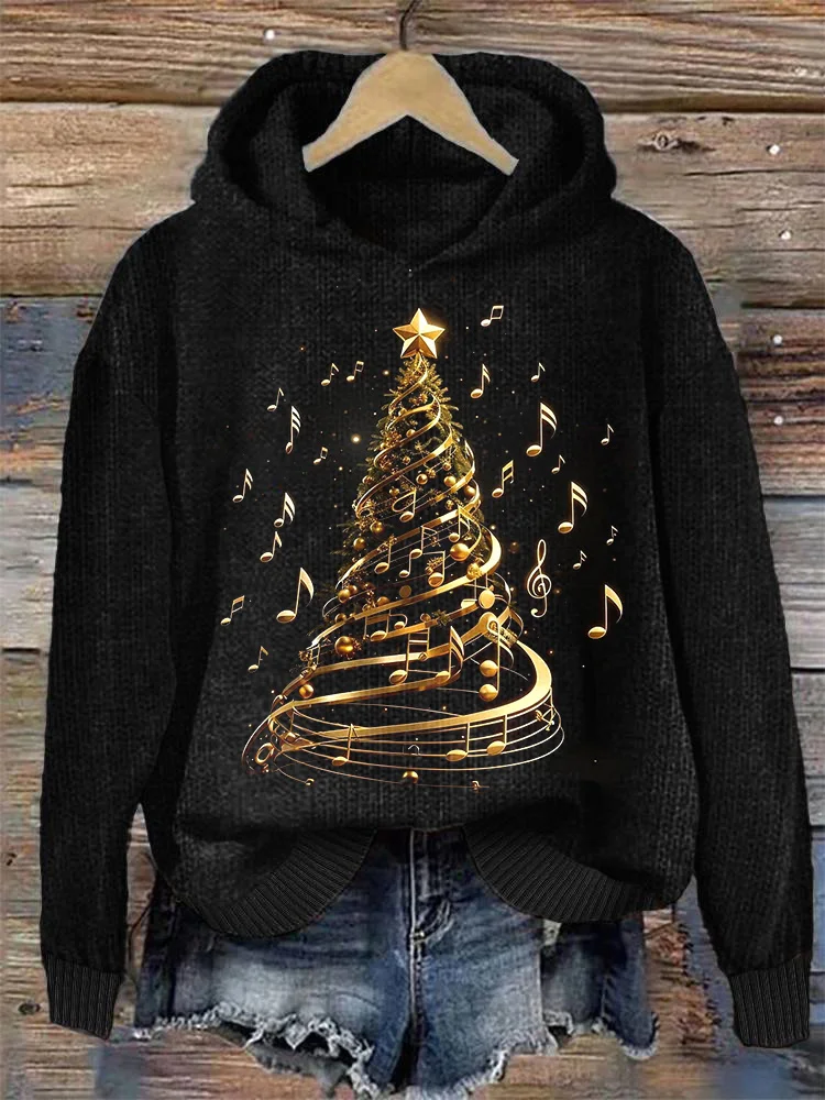 Comstylish Golden Musical Note Christmas Tree Cozy Knit Hoodie