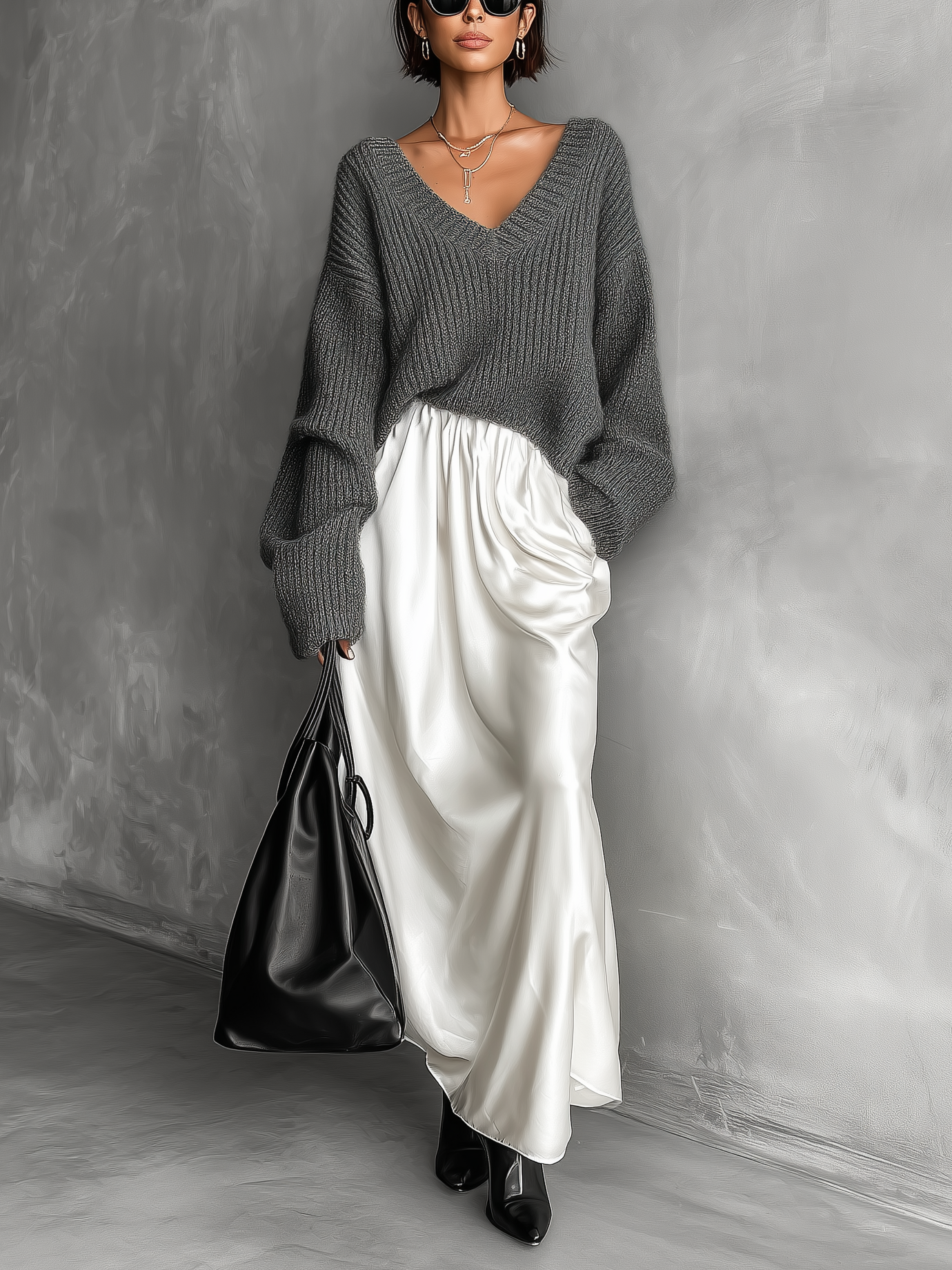 Women's Fashionable And Elegant Gray V-neck Long-sleeved Loose Knit Top Paired With A White Glossy Satin Midi Skirt MDA2992K7AN