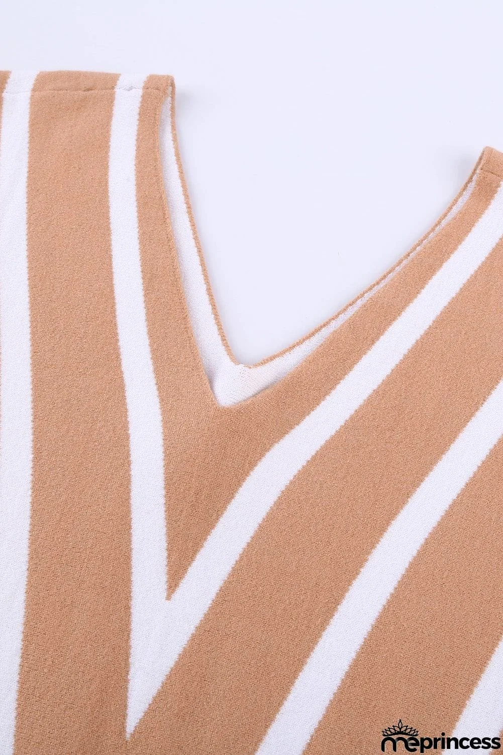 Khaki V Neck Popper Cuff Striped Casual Sweater